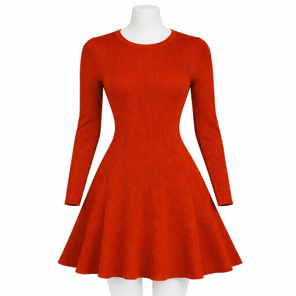 ANRABESS Rust Orange Ribbed Knit Fit & Flare Sweater Dress Sz S